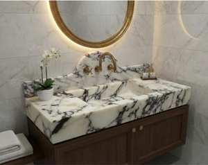 Lavabo de Mármol Calacatta Viola Moderno Tallado a Mano con Desagüe, Lavabo de Piedra Natural para Baño, para Uso en Hoteles y Almacenes - Product Image 3