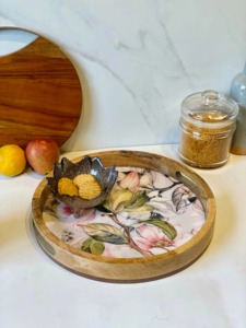 New Grey <b>Round</b> <b>Tray</b> Mangowood <b>Round</b> Wood Serving <b>Tray</b> with Handles Decorative Serving <b>Tray</b> Platter - Product Image 3