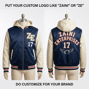 เสื้อแจ็คเก็ตวาร์ซิตี้ ZAINI 420 GSM พรีเมียม ผ้าซาติน กันลม สำหรับผู้ชายและผู้หญิง สีกรมท่า แขนหนังเทียม ปักโลโก้แบบเชนีลตามสั่ง - Product Image 1