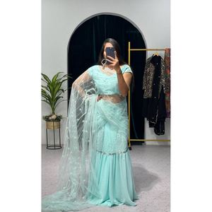 ÚLTIMO GEORGETTE BORDADO TRABAJO LEHENGA SAREE CON BLUSA SIN COSTAR SKY Lungi - Product Image 1