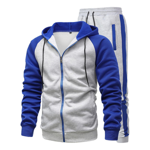 Ensemble de survêtement décontracté pour homme, gris et bleu, à capuche, avec blocs de couleur, manches longues, fermeture éclair, respirant, coupe régulière, pour l'automne - Product Image 1
