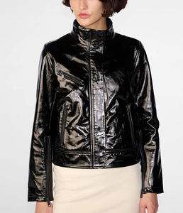 Chaqueta de Cuero Corta Negra Brillante de Piel de Cordero Auténtica para Mujer, Estilo Motero, Primavera, Impermeable y Transpirable - Product Image 4