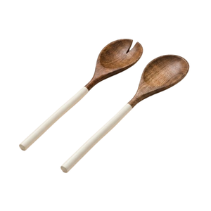 Servidores de ensalada de madera de mango hechos a mano de primera calidad, cuchara y tenedor de madera ecológicos con elegantes mangos bañados en blanco. - Product Image 1