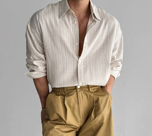 Camisa de Hombre Casual de Verano, Transpirable, de Lino y Algodón, Satén, Lisa, con Cuello Camisero, Antiarrugas - Product Image 3