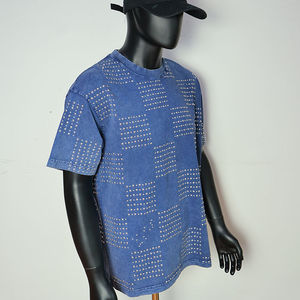 เสื้อยืดแขนสั้นผู้ชายสีน้ำเงินลายจุดทรงโอเวอร์ไซส์ดีไซน์คอกลมลำลอง - Product Image 3