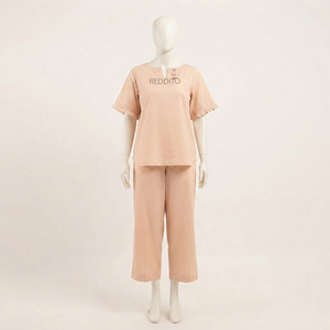 Conjunto de 2 Piezas de Algodón para Mujer, Color Sólido, Manga Corta, Cuello en V, Cintura Elástica, Ropa Casual para Estar en Casa, Ajuste Invernal para Adultos, Transpirable - Product Image 1