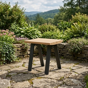 Outdoor wooden <b>stool</b> square teak wood side <b>table</b> premium metal legs garden patio seat luxury backyard deck seating furniture set - Product Image 3