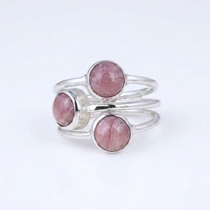Anillo de Rodocrosita Natural al por Mayor, Plata de Ley 925, Gema Rosa, Anillo de Tres Piedras, Joyería Boho Hecha a Mano - Product Image 1