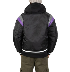 Veste universitaire noire en satin pour homme avec empiècements violet et gris, coupe classique, col rabattu, fermeture simple boutonnage - Product Image 4