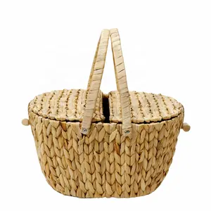 Wholesale Round Water Hyacinth Picnic Basket Shopping Basket With Lid For Outdoor Camping Picnic