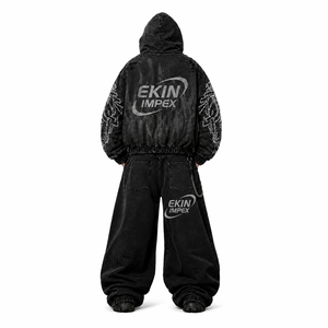 Conjunto de Sudadera con Capucha y Cremallera Delantera con Lavado Ácido y Pedrería, y Pantalones de Pierna Ancha, con Gráfico de Llama de Cristal, Lavado Vintage, Estilo Urbano Ecológico - Product Image 2