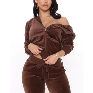 Ensemble de survêtement en velours marron pour femme, haut court à manches longues et col en V avec fermeture éclair et pantalon à cordon de serrage, grandes tailles, style lingerie et hoodies - Product Image 4