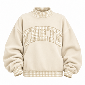 Sudadera Oversize de Cuello Alto para Mujer al por Mayor, con Parches de Cuadros y Vichy, de Tejido Grueso, Estilo Casual Universitario, Fabricante Personalizado - Product Image 4