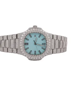 Montre de luxe mécanique de haute qualité pour homme, style hip-hop, avec cadran bleu et diamants VVS Moissanite taille ronde, entièrement sertie - Product Image 1