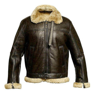 Salva Men's Brown Leather Jacket Sherpa Lined Embossed <b>Zip</b>-<b>Up</b> Turn-Down Collar Windproof Winter Outerwear Regular Fit Moto Biker - Product Image 5