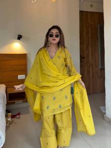 Yellow Embroidered Ethnic Salwar Kameez Set Afghan Style Tunic Palazzo Pants <b>Shawl</b> for Festival <b>Wedding</b> Party Diwali - Product Image 2