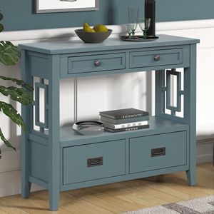 36-Inch Farmhouse <b>Pine</b> Wood Console <b>Table</b> with 4 Drawers and 1 Storage Shelf for Entryway Living Room or Bedroom - Product Image 2