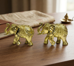 รูปปั้นช้างทองเหลืองแท้จาก Jaipur Metals คู่หนึ่ง งานแฮนด์เมด 100% ทองเหลือง งานศิลปะแบบดั้งเดิม รูปปั้นฮัตติ โจดี มูร์ติ สำหรับพุจาร่วมบูชา ตกแต่งบ้าน - Product Image 4