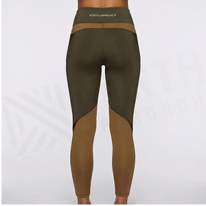 Leggings de yoga taille haute pleine longueur avec empiècements transparents découpés, couleur vert olive uni, en Spandex et Polyester, conception sans couture - Product Image 2