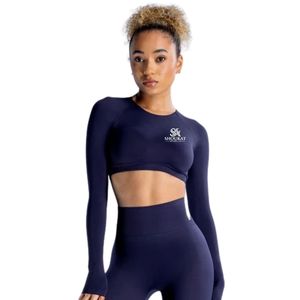 <b>Women's</b> Deep <b>Navy</b> <b>Blue</b> Long Sleeve Crop <b>Top</b> Shorts Set Fitness Yoga Wear Two Piece Slim Fit Gym Workout Activewear Manufacturer - Product Image 1
