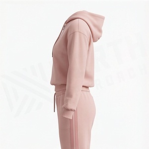 Ensemble de survêtement 2 pièces en polaire rose à capuche pour femme, coupe décontractée, toutes saisons, vêtements de sport, haut à fermeture éclair à manches longues et couleur unie - Product Image 3