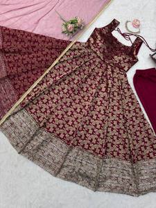 Women's Maroon Floral Printed Anarkali Suit With Dupatta Traditional Indian Wedding Wear Rayon Midi Length Regular Fit - Product Image 5