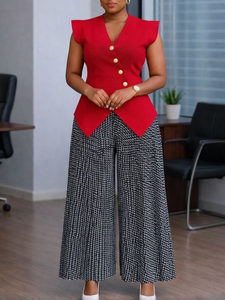 SE12250 Top d'été sans manches à col en V boutonné, couleur unie, en Spandex/Polyester, imprimé et plissé, style transfrontalier Europe-Amérique - Product Image 1
