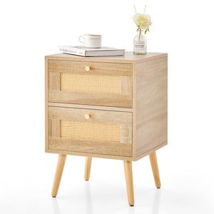 Boho Accent Rattan Nightstand with 2 <b>Storage</b> Drawers <b>Bedside</b> Table - Product Image 1