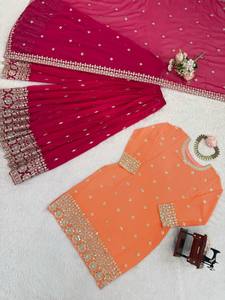 Ensemble Sharara Plazza pour femme en Faux Georgette, richement brodé, avec Dupatta, robe ethnique traditionnelle de mariage à manches longues, effet froissé - Product Image 5