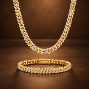 Conjunto de Joyería Unisex con Cadena y Pulsera de Eslabones Cubanos con Diamantes Cultivados en Laboratorio Chapados en Oro, Certificado IGI, para Compromiso o Aniversario - Product Image 1