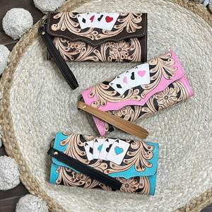 Portefeuille long à rabat en cuir véritable fait main OEM ODM, motif de jeu de cartes, motif floral rose mignon, pochette à main RFID sécurisée pour femmes - Product Image 4