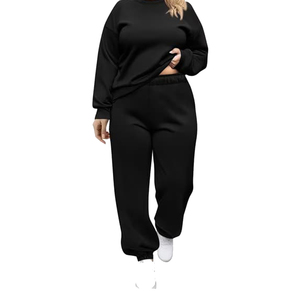 Conjunto Deportivo Negro para Mujer, Talla Grande, Manga Larga, Cuello Redondo, Cintura Elástica, Pantalones Casuales Holgados con Bolsillos Laterales, Ligeros - Product Image 1