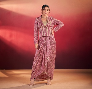 Sari indio de diseño elegante para fiestas, con estampado digital en la parte superior e inferior, para todas las ocasiones y funciones especiales para mujeres. - Product Image 1