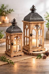 Farol de Madera Cuadrado Natural con Paneles de Vidrio, Hecho a Mano, Rústico, de 1 Color, Portavelas Impreso para Decoración del Hogar, Navidad, Pascua - Product Image 3