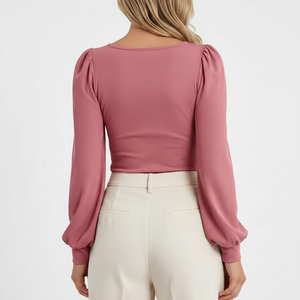 Chemise en tricot côtelé ajustée pour femmes, manches longues, col carré, haut décontracté en coton - Product Image 3