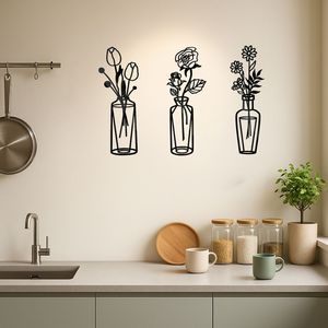 CIFbuy Set di 3 decorazioni da parete con fiori in metallo fatti a mano, arte da parete ispirata a vasi in ferro semplici per cucine, bagni, soggiorni, camere da letto - Product Image 1