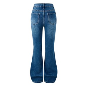 Vaqueros de mezclilla acampanados de tiro medio con detalle de lazo, bordado sólido, algodón, lavado a la piedra, corte ajustado casual, estilo primavera para mujer - Product Image 2