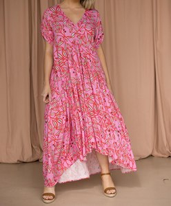 Robe d'été vintage florale coupe trapèze pour femme, design personnalisé 2025, col en V profond, manches à volants, ourlet asymétrique, grandes tailles - Product Image 3