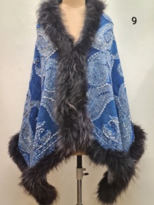 Pure wool embroidered jamawar with 4 side Heavy <b>Fur</b> Trim <b>Stoles</b> - Product Image 5