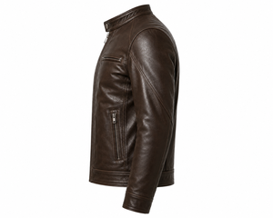 Veste de motard en cuir véritable marron pour homme, col montant, fermeture éclair, coupe classique, pour l'automne - Product Image 3