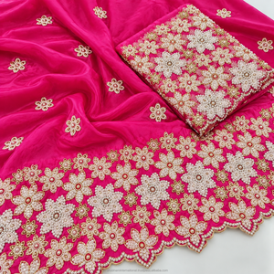 Pink Embroidery Lace Fabric with Floral Sequin and Beaded Border Work for Luxury Bridal <b>Wedding</b> Party Wear - Product Image 5