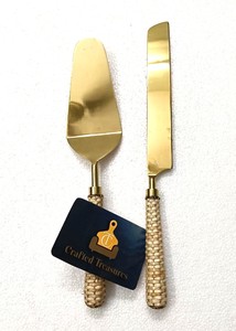 <b>Crafted</b> Treasures Cake Server Set Gold Plated Metal With Rattan Woven Handle 2 Pieces Handmade Cake Knife And Spatula Best Price - Product Image 3