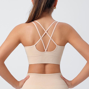 Women Ribbed Sports Bra Scoop Neck Spaghetti Strap Medium Support Breathable Yoga Tank Top Solid Color Design Sports Bra - Product Image 3