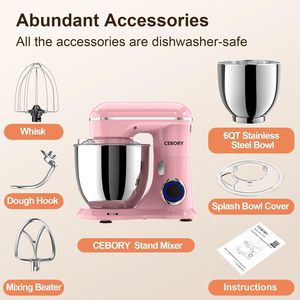 Batidora eléctrica 3 en 1, tazón de 6QT, batidora de cocina de 10 velocidades, batidoras de alimentos para el hogar que incluyen gancho para amasar, batidor y varilla batidora, color rosa - Product Image 2