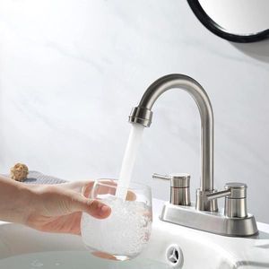 Rubinetto da Bagno ad Arco Alto con 3 Fori, Scarico Lavello in Nichel Spazzolato e Tubo Flessibile in Acciaio Inossidabile, Rubinetto Scarico Lavello a Scomparsa - Product Image 4