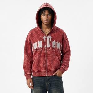 Sweat à capuche tendance style streetwear délavé à l'acide, imprimé graphique, coupe oversize premium avec patch en chenille - Product Image 2
