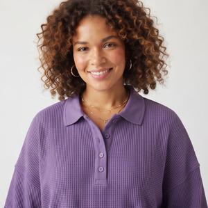 <b>Women's</b> Waffle Polo <b>Shirt</b> Casual Three Quarter Sleeve Loose Fit Waffle Polo Tee Ladies Lightweight Turn Down Collar Tshirts - Product Image 3