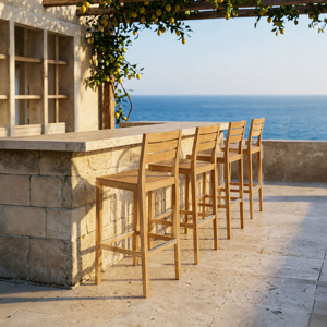 Luxury Weather Resistant Indonesia Teak Wood Bar <b>Stools</b> Rope Woven Commercial Outdoor Patio Furniture High Chairs for Restaurant - Product Image 1