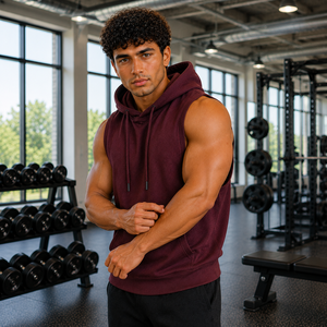 <b>Men</b> <b>Sleeveless</b> Hooded Sweatshirt Olive Green French Terry Casual Gym Wear Pocket Design Regular Fit Autumn Style - Product Image 4