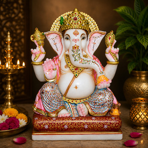 Estatua de Ganesha de Mármol Puro con Arte Floral Pintado a Mano |   Ídolo de Lujo del Dios Ganesha |   Murti de Ganpati en Mármol Premium para Templo en Casa - Product Image 1